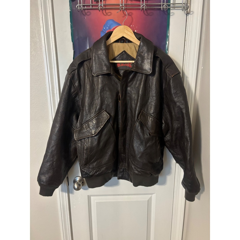 Vintage Rage Mens Brown Pebbled Leather Bomber Jacket Flight Coat Large